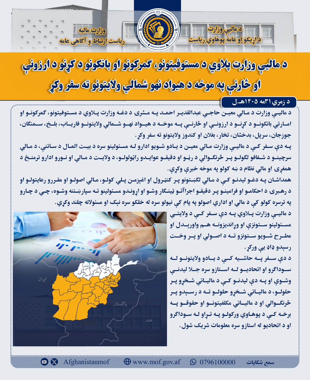 د مالیې وزارت پلاوی ۹ شمالی ولایتونو ته سفر کړی